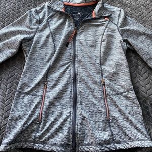 Zip up hoodie grey and coral color.